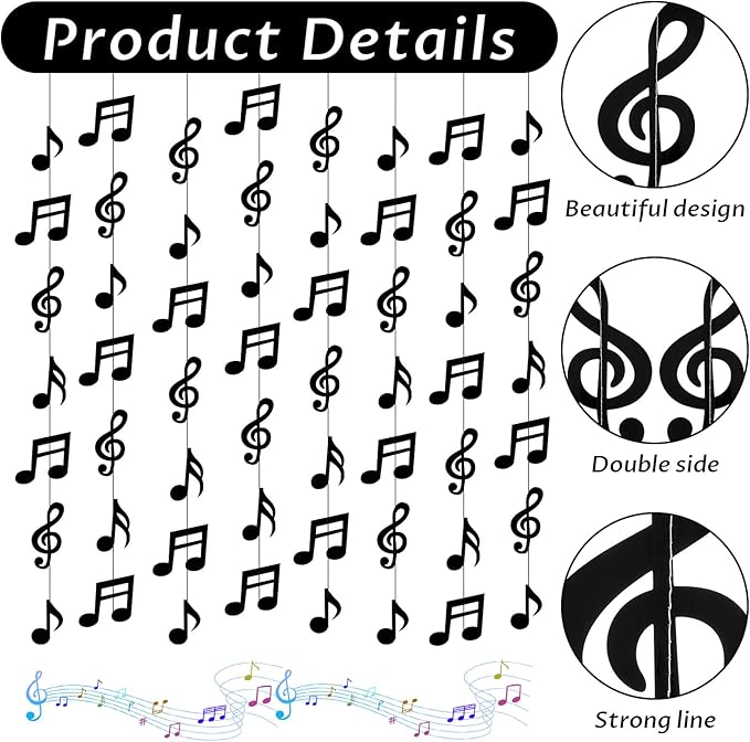 8PCS Music Notes Party Decorations, Black Musical Note Hanging Swirl
